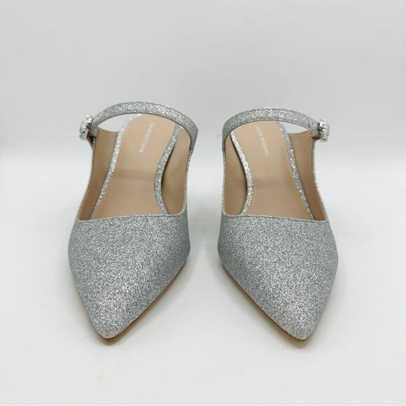 NEW‎ Stuart Weitzman Silver Shimmery Mule Heels Pearl Buckle Accent Size 9.5 - Picture 4 of 12